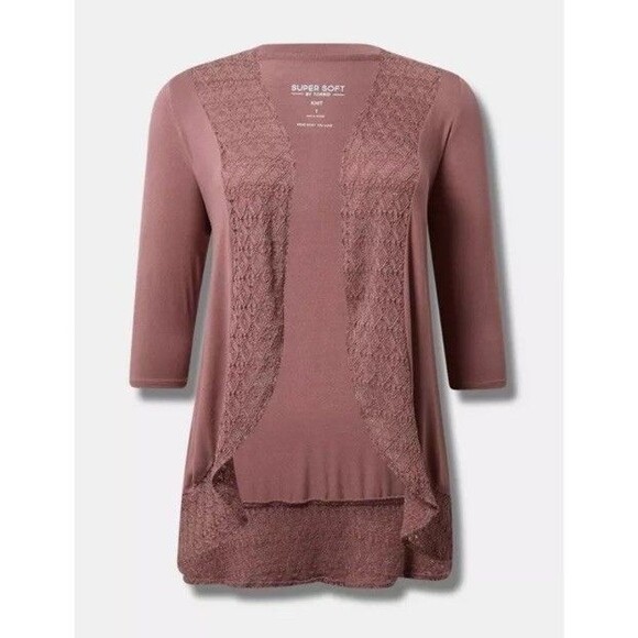 Torrid Super Soft Knit Cardigan Crochet Trim Rose Taupe 3/4 Sleeve Size 0 Large - Picture 1 of 11